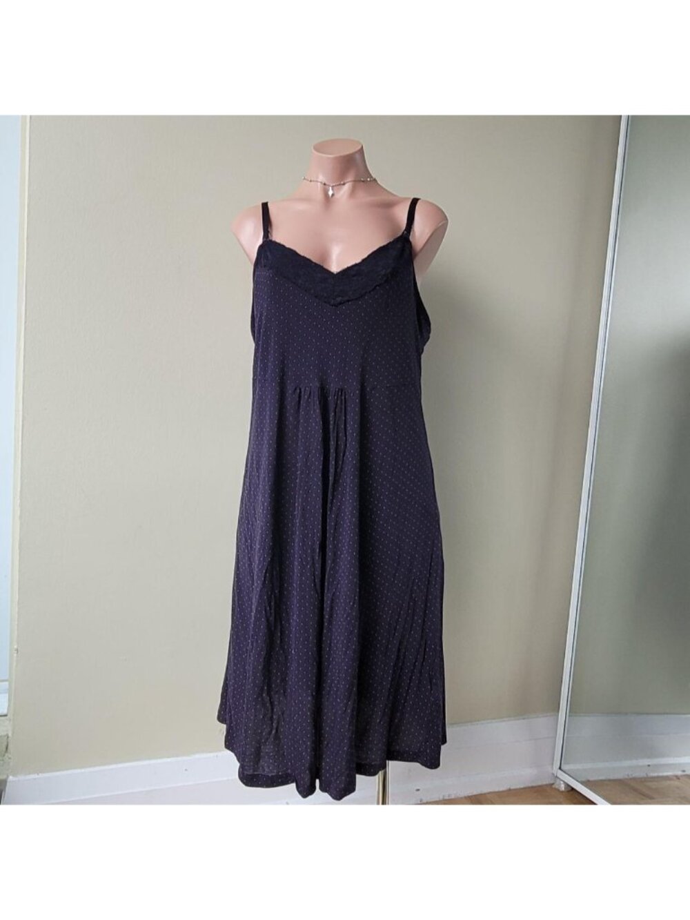 EAC Navy Blue Polka Dot Lace Trim Maxi Summer Dress (L)